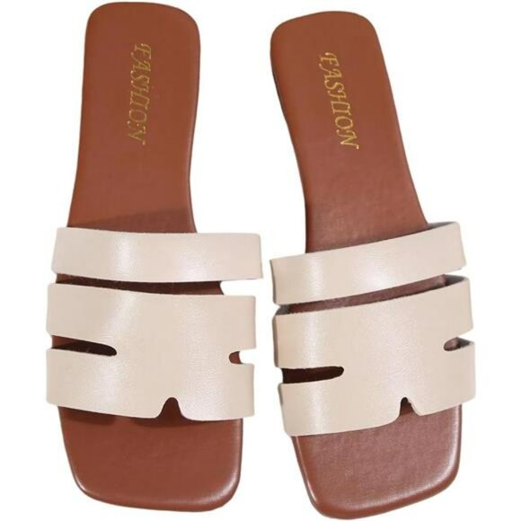 Cut Out Leather Slide Sandals Women Open Toe Flat Summer Dressy Slip On - Picture 1 of 6